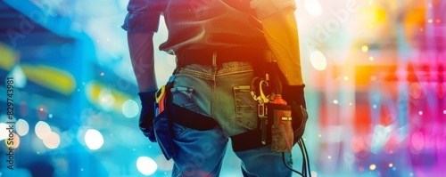 Construction worker with tool belt standing in urban setting with colorful bokeh lights in the background, representing labor and hard work