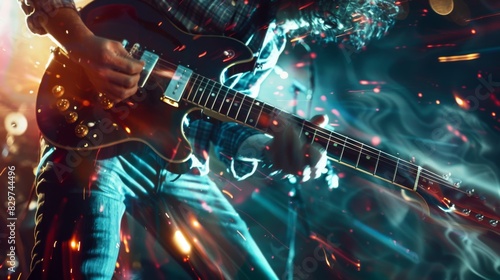 A guitarist performing a rock solo on an electric guitar, with fingers flying over the fretboard in a blur of motion.