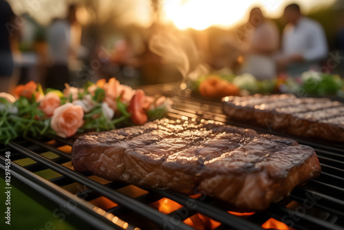 se-up of a sizzling BBQ captures the essence of a spring or summer evening celebration, with joyful people in the background