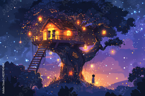 Illustration of a magical treehouse with children exploring