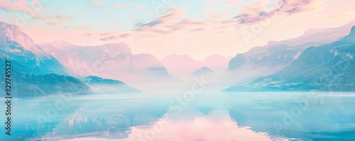 Serene landscape with pink and blue hues over a misty lake and mountains at sunrise, reflecting a calm and peaceful atmosphere.