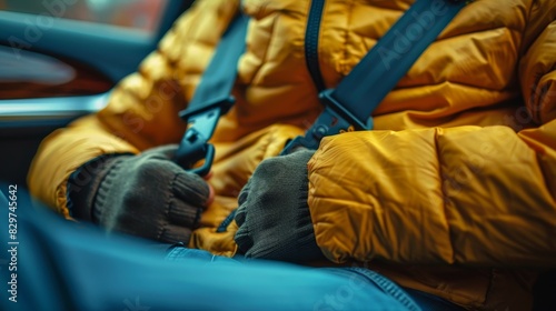 Close-up of a person wearing a yellow down jacket and gloves, fastening a seatbelt in a car, emphasizing safety and winter attire.