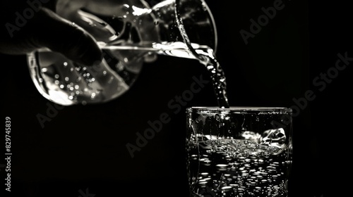 A hand pouring water from a pitcher into a glass, with droplets cascading down the sides in a refreshing and inviting manner.