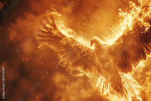 Phoenix rising from the ashes, surrounded by flames