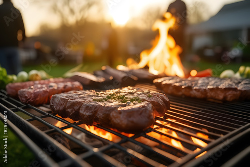 se-up of a sizzling BBQ captures the essence of a spring or summer evening celebration, with joyful people in the background