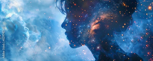 Silhouette of a woman's profile merged with a cosmic galaxy background, representing the connection between humanity and the universe.