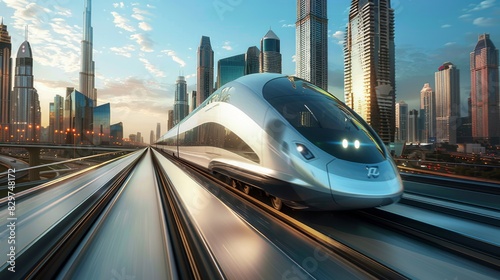 A high-speed train zipping past iconic landmarks and skyscrapers in a bustling metropolis, illustrating urban mobility solutions.