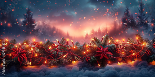 A painting depicting a Christmas scene adorned with glowing lights and vibrant poinsettias