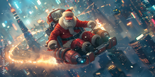 Santa Claus flying through the air above a city, delivering presents Merry Christmas
