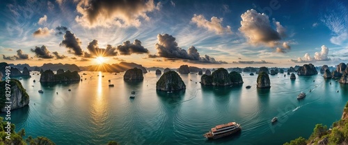 Panorama view of Halong Bay, north Vietnam in sunset