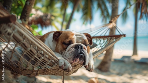 Serene Snooze: Bulldog Relaxing in Hammock on Seaside