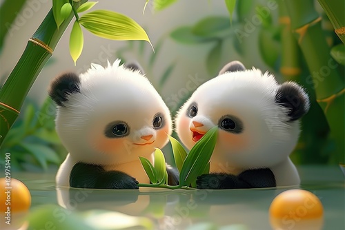 Dos gordos cachorros de panda blanco y negro, comiendo bambú en el bosque de bambú, felices, jugando, fondo blanco sólido