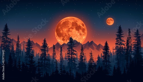 Silhouette of a forest with a large orange moon in the sky.
