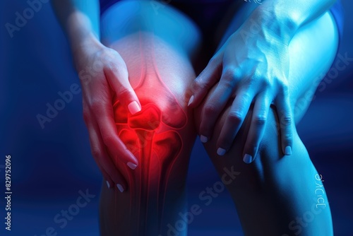 Ilustración de la rodilla humana con dolor, rojo brillante en un lado y fondo azul 