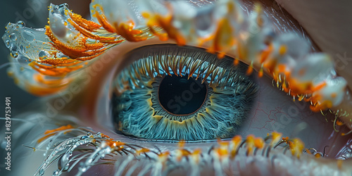 Detailed view of a human eye in blue with striking orange accents