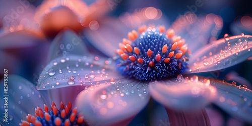 A detailed close-up of a violet flower covered in glistening water droplets