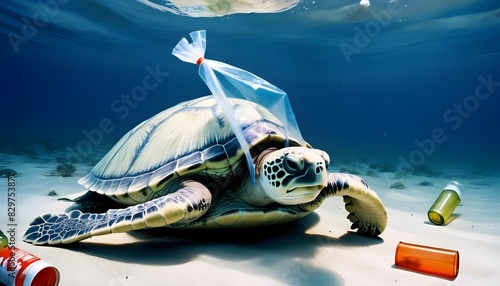A Close-up large turtle deep underwater with plastic bag. Ocean life, wildlife. Concept of ecology problems and plastic debris in ocean. Slow reproduction rates. Suitable for World Environment day. 