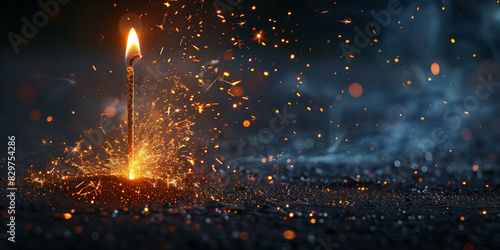A candle burning with sparks shooting out of it on a black background New Years fireworks