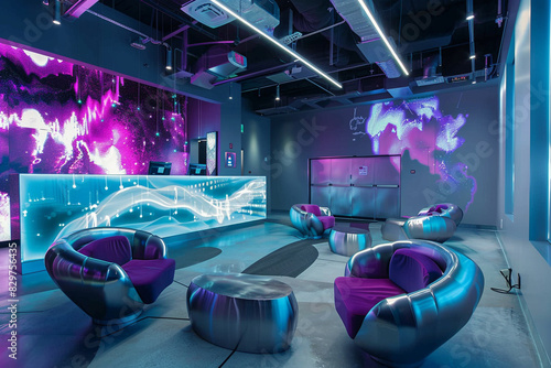 Futuristic reception area with a holographic counter, silver and purple sofa chairs, digital art projections on the walls, LED strip lights.