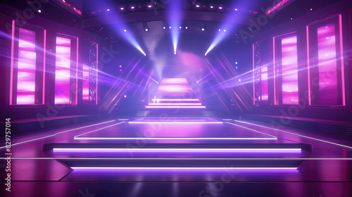 A TV game show set with big spotlights shining down on the stage. Empty stage in purple colors, copy space.