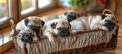 Cute pug puppies sleeping peacefully in basket, snuggled together with audible snorts and snores