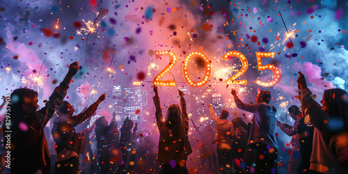 A vibrant New Year celebration with a group of people cheering, fireworks lighting up the sky, and confetti flying around 2025