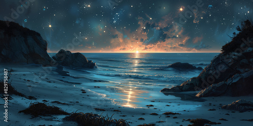 Painting depicting a beach at nighttime with stars in the sky