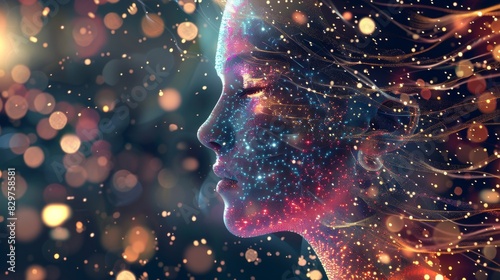 A woman's face is shown in a colorful, abstract style with a lot of sparkles