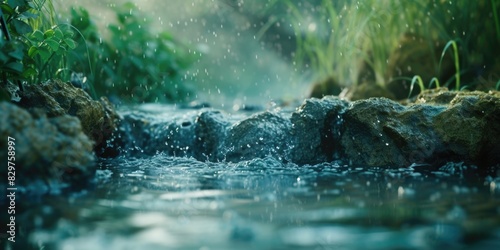 A stream of water is falling from the sky and splashing into a river. The water is clear and calm, and the sky is overcast