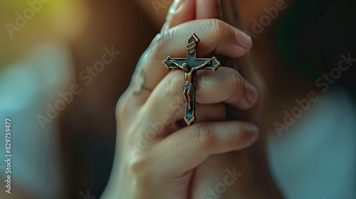 A hand holding a religious symbol, a gesture of protection and faith, Created with Generative AI.