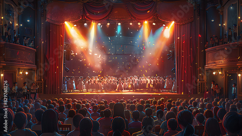 illustration of drama class rehearsal student dressed costume rehearsing scene play or musical stage set prop backdrop while student recite line perform choreography embody character passion enthusias