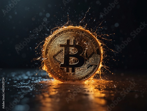 Illuminated bitcoin currency ablaze amidst cascading water droplets and electrifying lightning bolts.