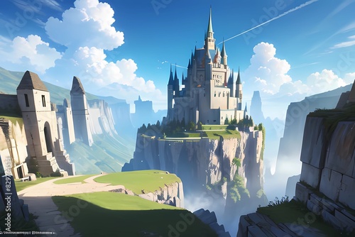 ゲーム背景高台にある中世ヨーロッパ風青空にそびえる天空の城 