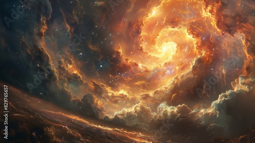 A swirling fiery nebula fills the sky with vibrant colors and glowing clouds.