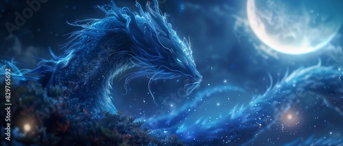 Blue dragon emerging from the water under a crescent moon.
