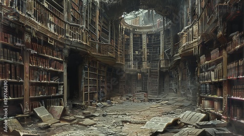 An abandoned library with bookshelves filled with books, rubble on the floor, and a hole in the ceiling