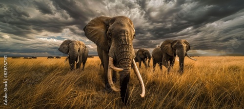 A group of elephants walking across the savannah, with one elephant 