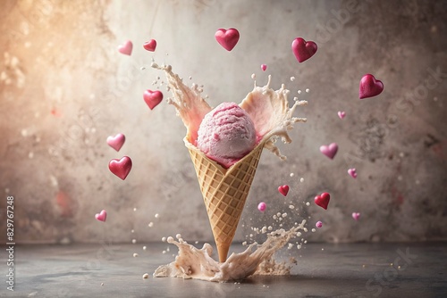Sweet dessert. The love of ice cream. A heart-shaped ice cream cone with splash, hearts and splashes. The concept of Valentine's Day. Banner, advertisement.