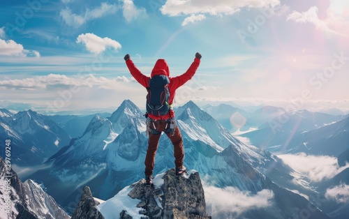 The Peak Moment of a Mountain Climber, Victory Atop the World, The Climber's Summit Triumph Ai Generated
