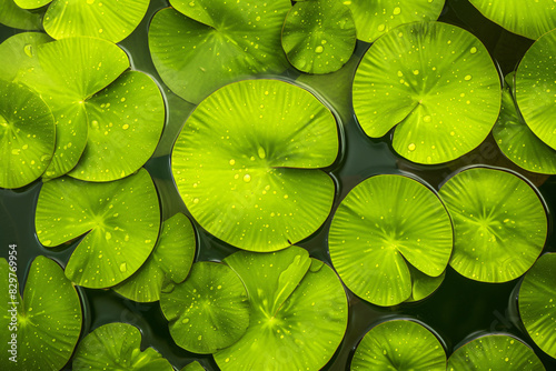 Top view of vibrant green lily pads floating on still water