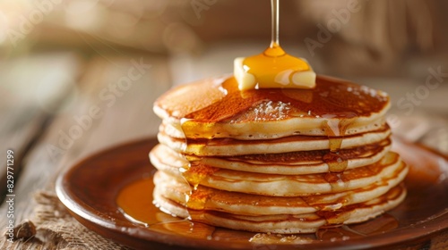 A stack of buttermilk pancakes with a pat of melting butter and a drizzle of maple syrup, served for a hearty breakfast
