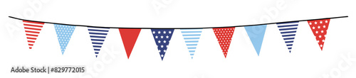 Bunting garland. Party flags with stripes and stars in USA flag colors isolated on background. Vector illustration, web banner. Memorial, labor day. Independence day, 4th July. Birthday, anniversary.