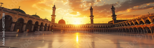 the courtyard of a Mosque landmark peaceful majestic worship landscape sun on background