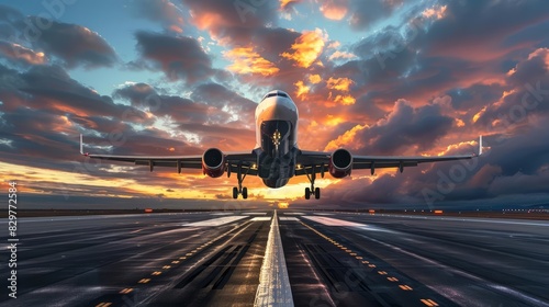 A large airplane taking off from a runway during sunrise
