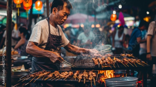 A street vendor grilling skewers of Thai satay over an open flame, with smoke rising and a busy market background.