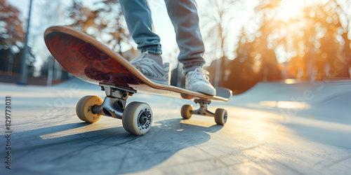 A person is riding a skateboard with the word quot on it, Skater on a skateboard closeup.