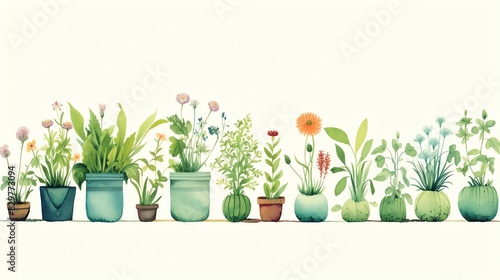 herb garden flat design side view culinary plants water color Analogous Color Scheme