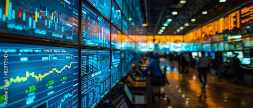 Stock market trading floor with monitors displaying financial data, charts, and graphs in a vibrant, busy atmosphere.