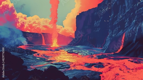 Creative amazing view of a volcanic caldera, with molten lava rivers and steam geysers, depicted in a retro color palette with illustration template