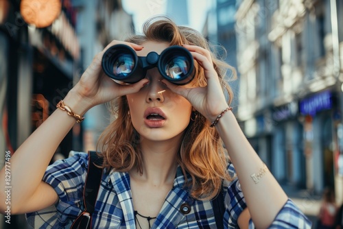 Foto de una hermosa mujer con ropa moderna sosteniendo unos binoculares y mirando a través de ellos con una expresión de sorpresa, con el fondo de la ciudad.